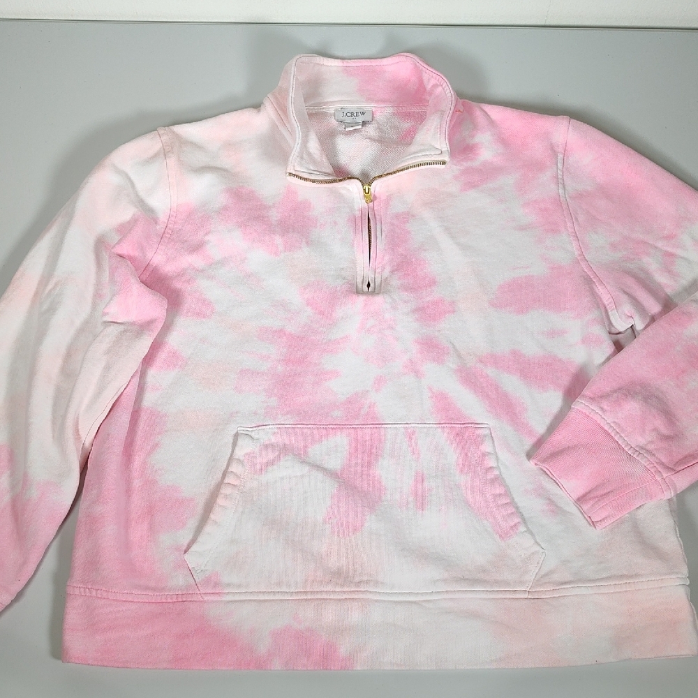 J. Crew white pink tie-dyed half-zip sweatshirt cotton long sleeve collar sz L